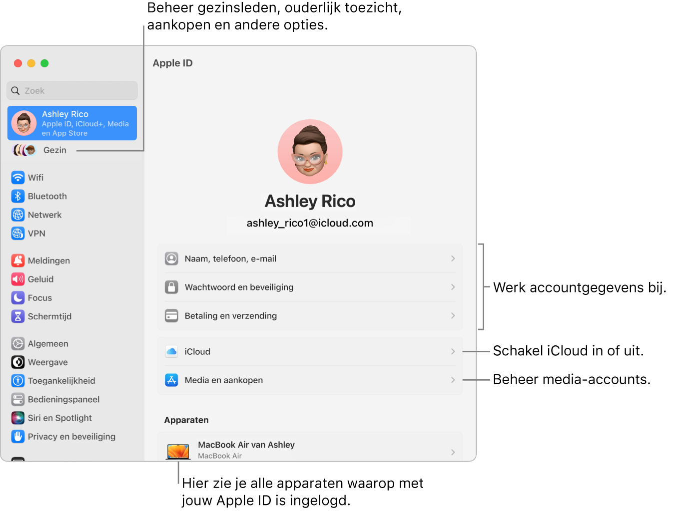 De instellingen voor de Apple ID in Systeeminstellingen, met bijschriften voor de opties waarmee je je accountgegevens bijwerkt, iCloud-voorzieningen in- of uitschakelt, media-accounts beheert en gezinsinstellingen wijzigt om gezinsleden, ouderlijk toezicht, aankopen en andere opties te beheren.