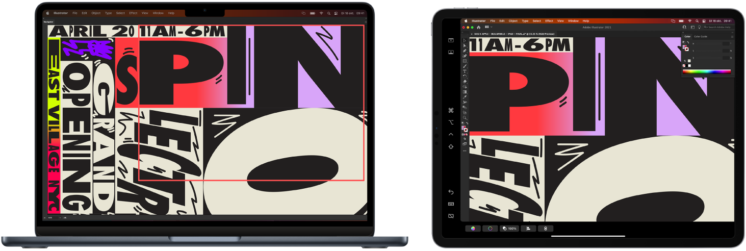 Een MacBook Air en een iPad naast elkaar. Op de MacBook Air wordt een illustratie weergegeven in het navigatiepaneel van Illustrator. Op de iPad is dezelfde illustratie te zien in het documentvenster van Illustrator, omgeven door knoppenbalken.