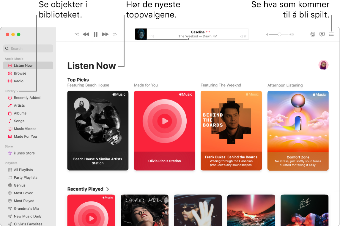 Et Musikk-appvindu som viser hvordan du kan vise biblioteket, lytte til Apple Music og se neste sang.