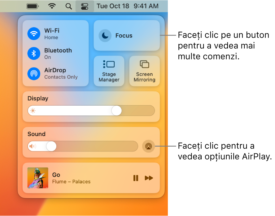 Vizualizare mărită a centrului de control de pe Mac cu o explicație pentru butonul Afișaj.