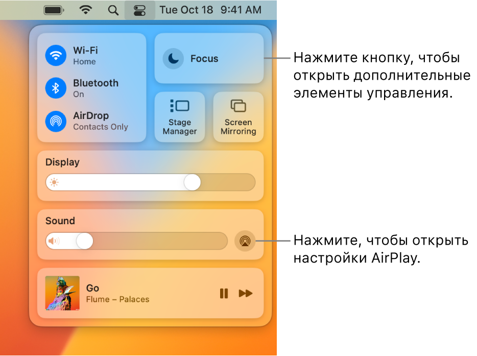 Увеличенное изображение Пункта управления на Mac. Выноска указывает на кнопку «Монитор».