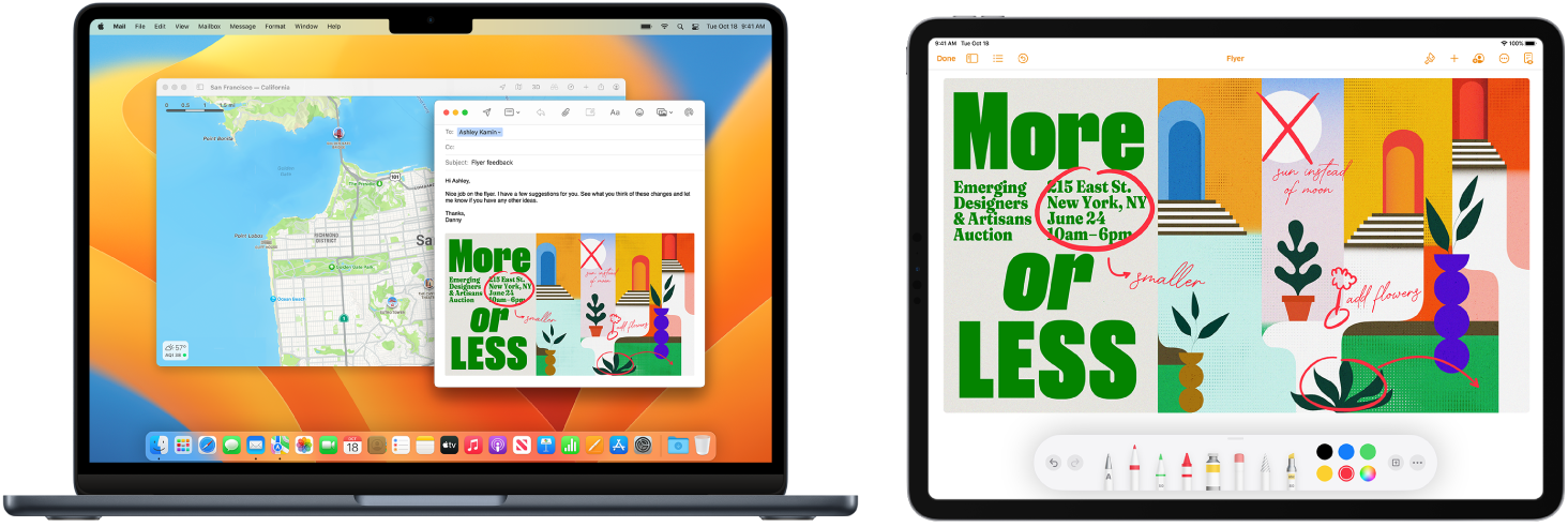 Yan yana bir MacBook Air ve iPad gösteriliyor. iPad ekranı, açıklamalara sahip bir el ilanını gösteriyor. MacBook Air ekranında, ilişik olarak iPad’den açıklama eklenmiş bir el ilanına sahip bir Mail iletisi var.