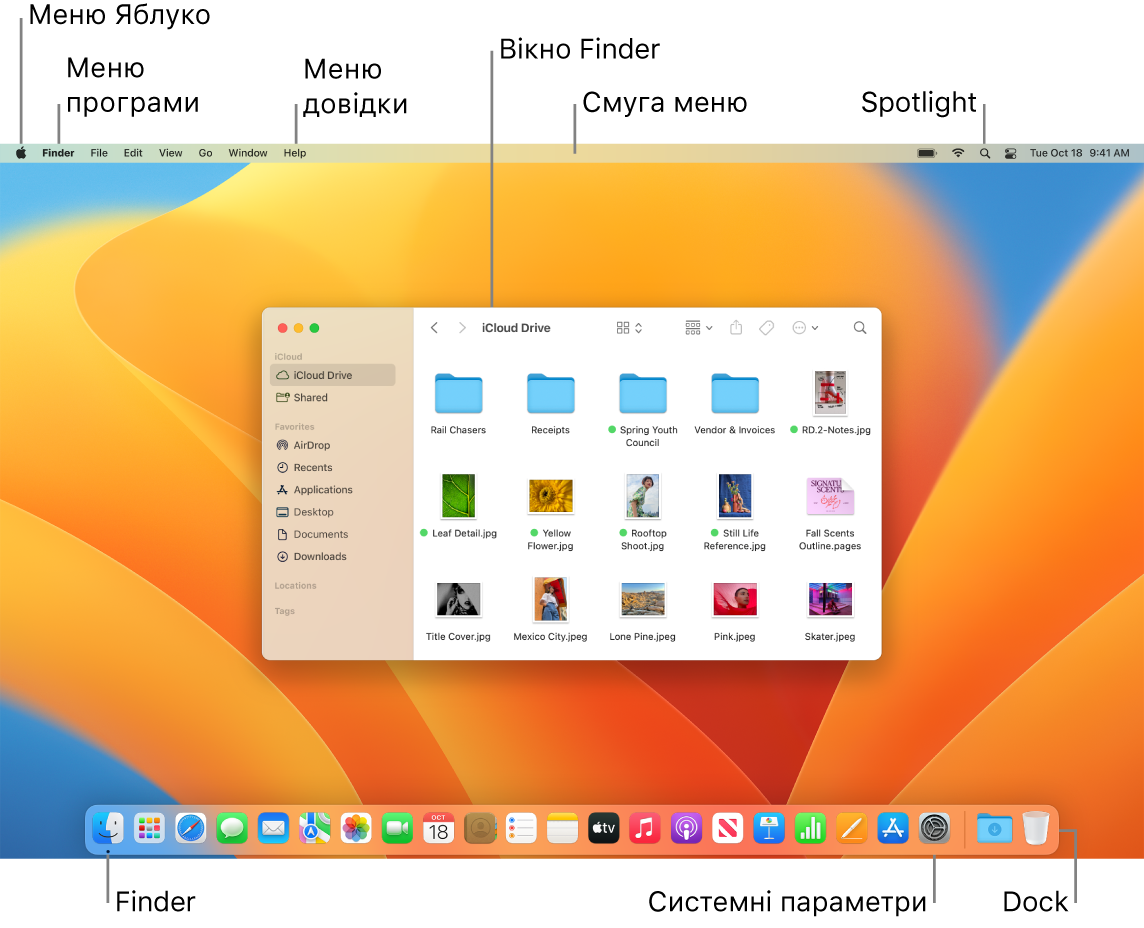 Екран Mac, на якому показано меню Apple, меню «Довідка», вікно Finder, смугу меню, іконку Spotlight, іконку Finder, іконку «Системні параметри» та панель Dock.