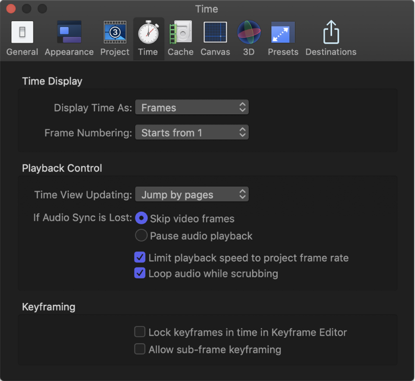 Motion Settings window showing Time pane