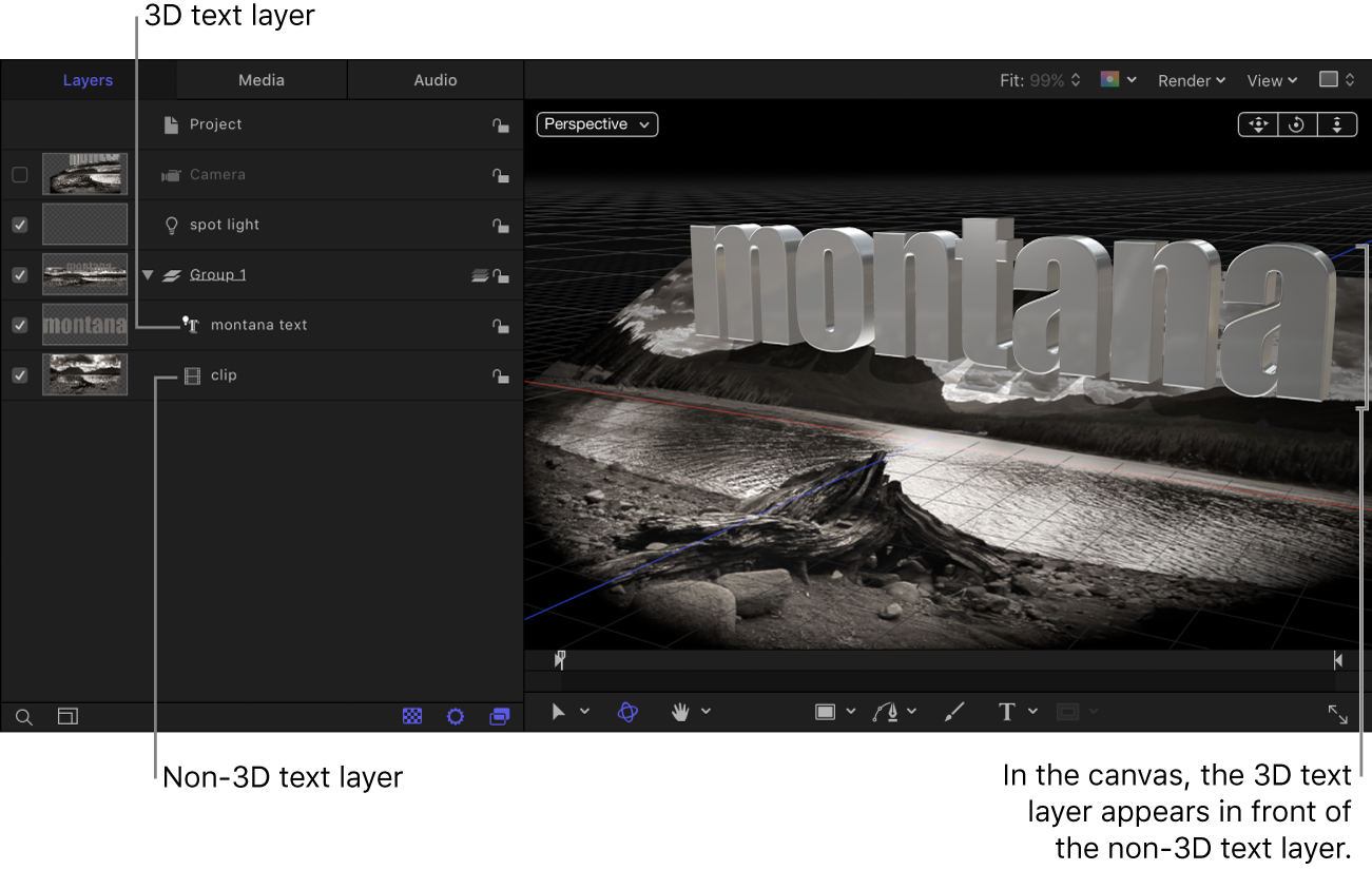 3D text layer above the non-3D text layer in the Layers list; non-3D text layer appears in behind the 3D text layer in the canvas.