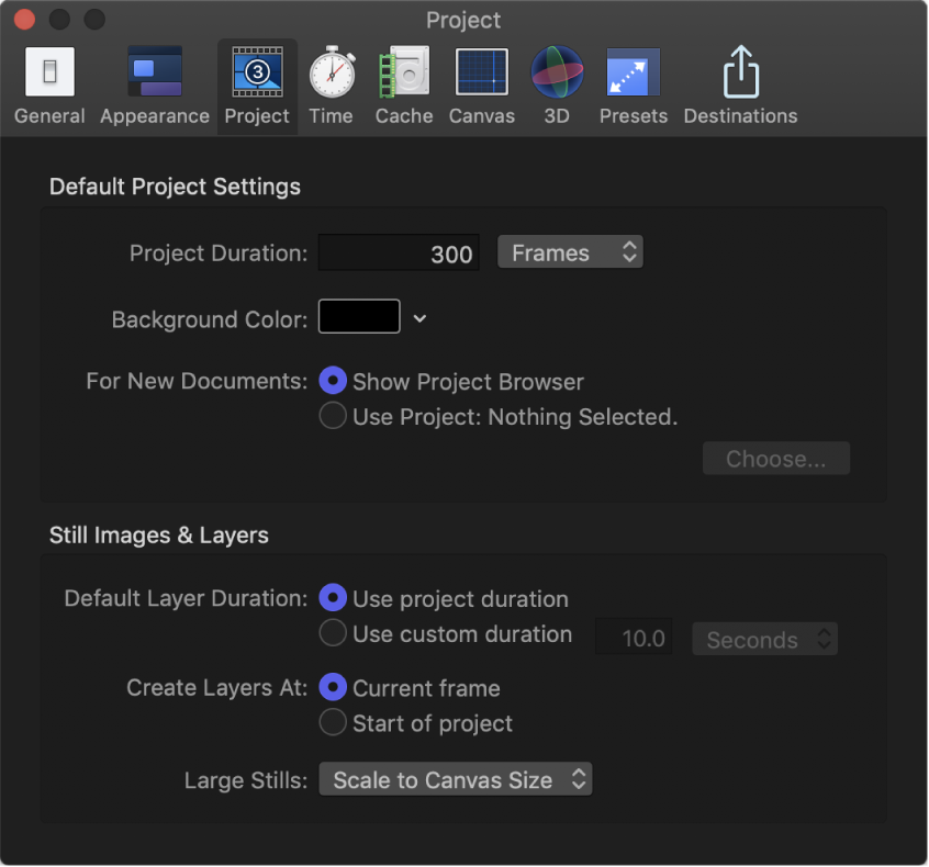 Motion Settings window showing Project pane