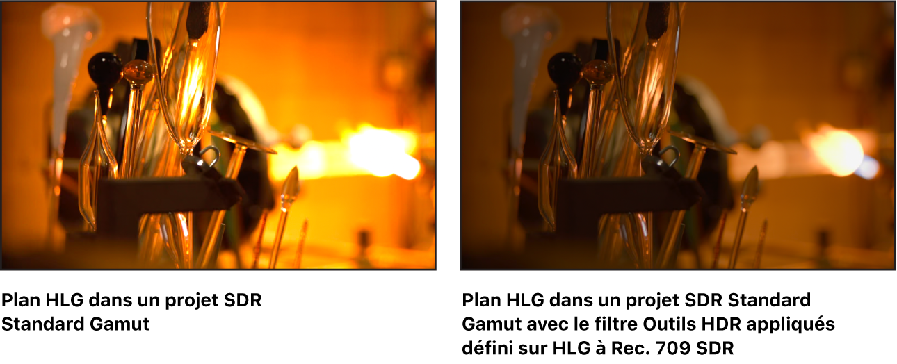 Le canevas montrant les résultats de l’application du filtre « Outils HDR » à un plan HLG.