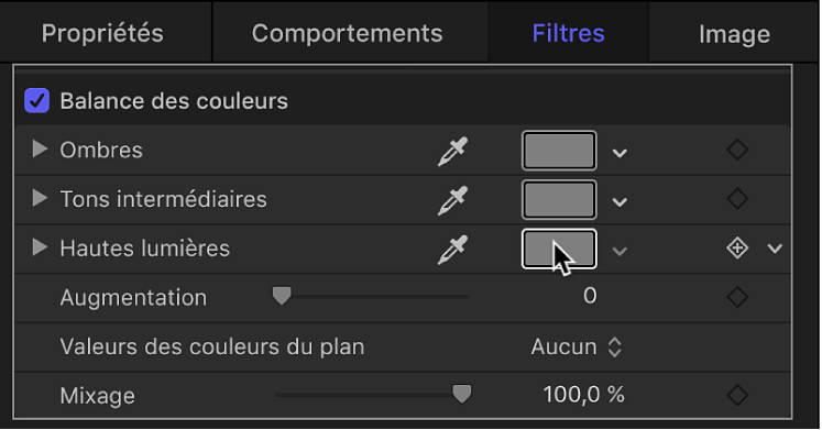 Clic sur le cadre de couleur des tons clairs du filtre Balance de couleurs