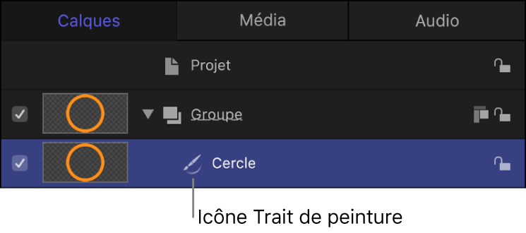 Liste Calques affichant une forme circulaire avec une icône évoquant un trait de peinture