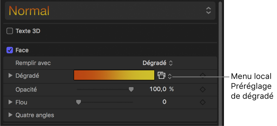 Menu local des dégradés prédéfinis qui s’affiche lorsque le menu local « Remplir avec » est réglé sur Dégradé
