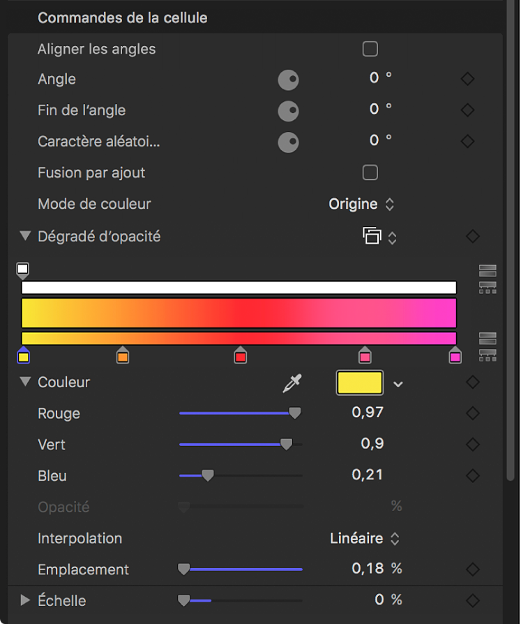 Inspecteur du réplicateur affichant l’option Mode de couleur définie sur Sur motif