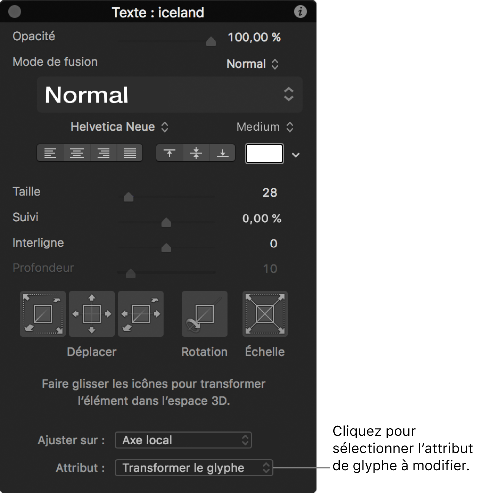 Palette Texte lorsque l’outil Transformer le glyphe est sélectionné