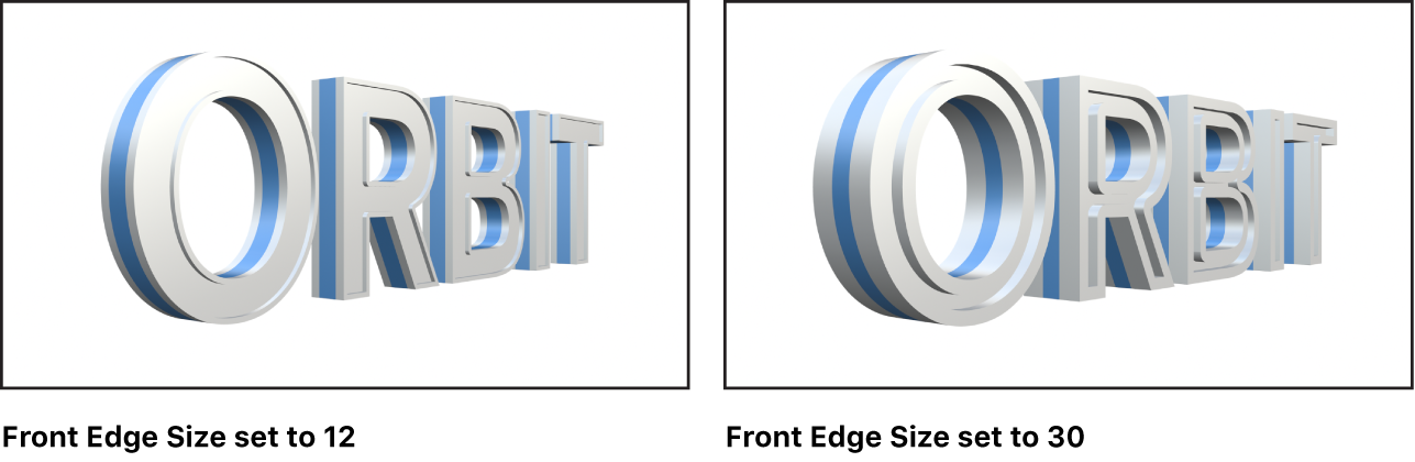 显示“正面边缘”设定为 12 的 3D 文本和“正面边缘”设定为 30 的 3D 文本的画布