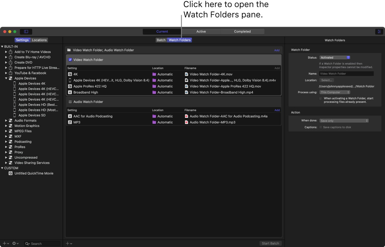 Compressor interface with the Watch Folder workspace showing.