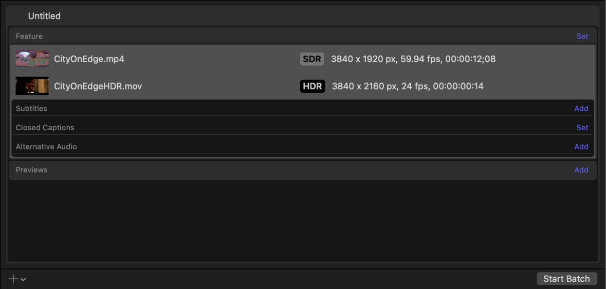 Batch area showing output rows for SDR video and HDR video.