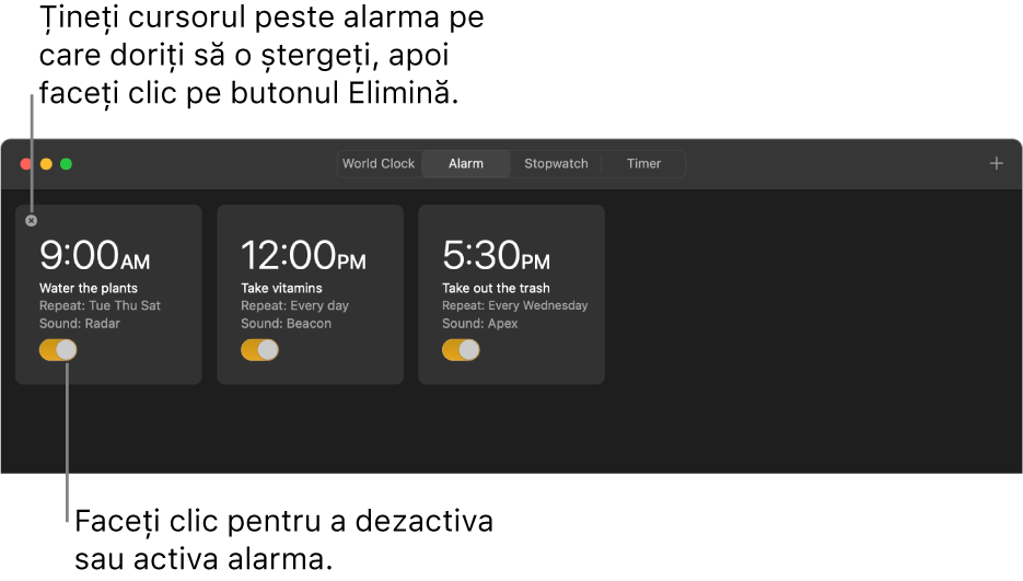 Fereastra Alarmă afișând trei alarme.