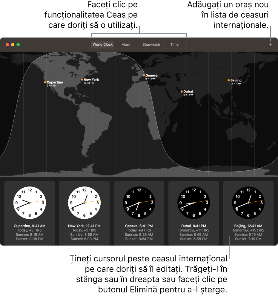 O hartă a lumii afișând ora locală, răsăritul și apusul în diverse orașe din întreaga lume.