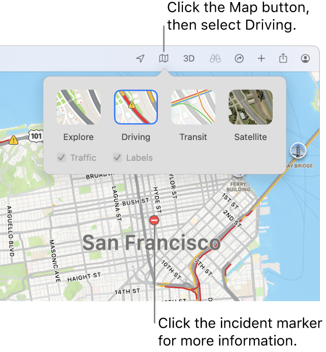 A map of San Francisco with map options displayed, the Traffic checkbox selected, and traffic incidents on the map.