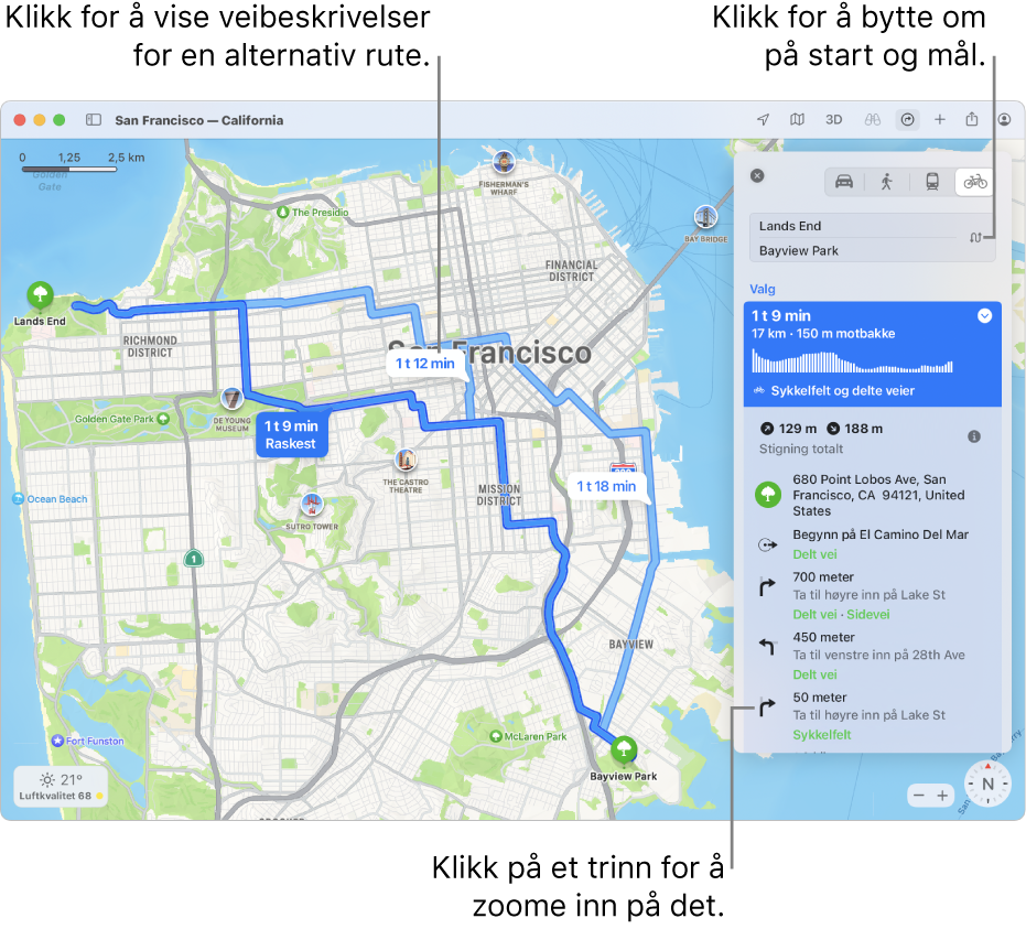 Et kart over San Francisco med en veibeskrivelse for syklende, inkludert informasjon om stigning og trafikk.