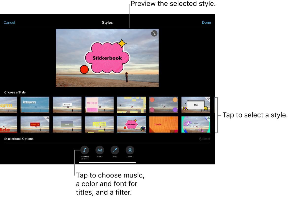 The viewer showing a preview of a selected style, with style options below. Buttons for adding music, selecting a color and font for titles, and adding a filter are at the bottom of the screen.