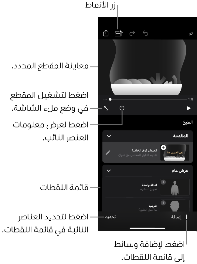 مشروع لوحة عمل مفتوح، ويظهر مقطع العنصر النائب المحدد في العارض وقائمة اللقطات أدناه.