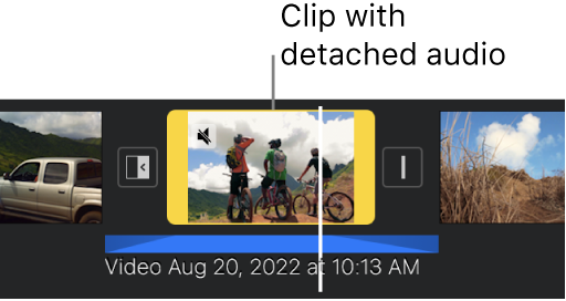 A video clip in the timeline with a blue detached audio clip below.