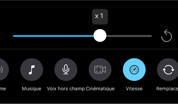 Le curseur de vitesse réglé à une vitesse de une fois, avec le bouton Réinitialiser à droite et le bouton Vitesse en dessous.