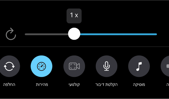 מחוון המהירות מוגדר למהירות של 1x‏. הכפתור ״איפוס״ מופיע משמאל והכפתור ״מהירות״ נמצא למטה.