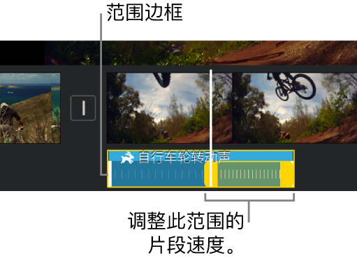 时间线的音频片段中带有黄色范围控制柄的速度范围，片段中的白色线条表示范围边框。