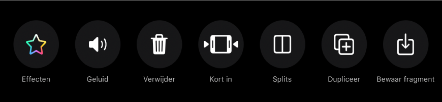 Knoppen die onder de viewer verschijnen wanneer je een fragment selecteert. Van links naar rechts zijn dat de knoppen 'Effecten', 'Geluid uit', 'Verwijder', 'Kort in', 'Splits', 'Dupliceer' en 'Bewaar fragment'.