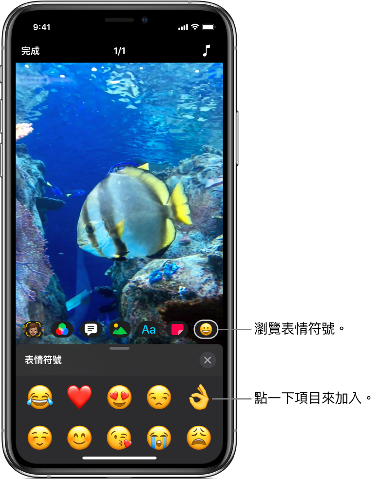檢視器中的影片影像，已選擇「表情符號」按鈕，其下方為表情符號。