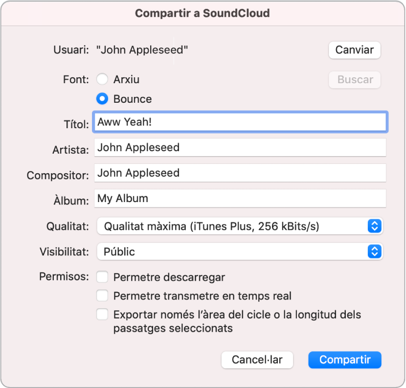 Quadre de diàleg “Compartir a SoundCloud”.