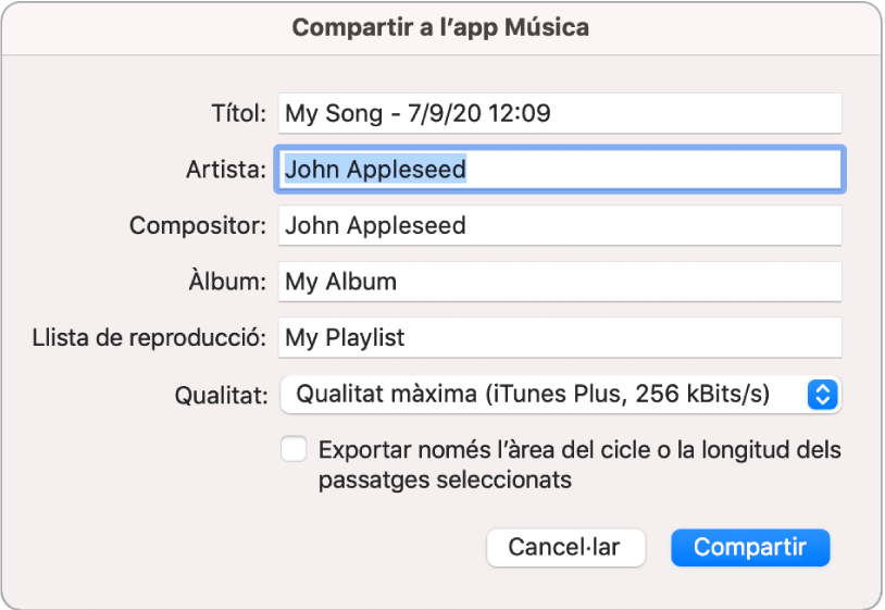 Quadre de diàleg “Compartir amb l’app Música”.