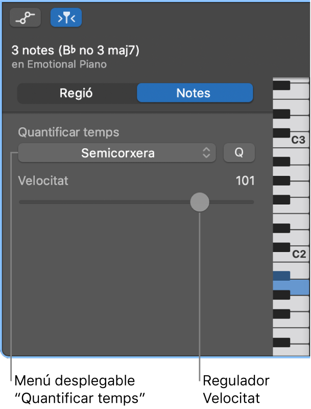 L’inspector de l’editor de teclat, en mode Notes, i els controls.