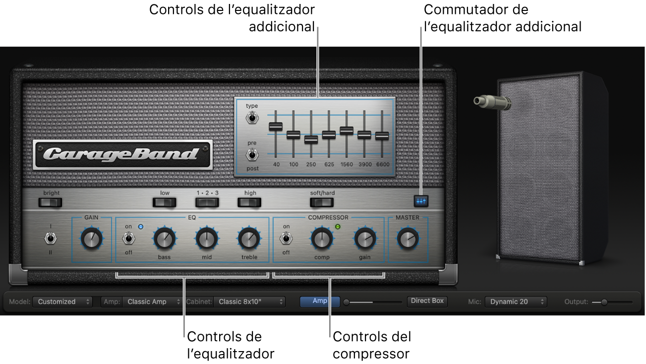 Bass Amb Designer on es mostren els controls de l’equalitzador i el compressor.