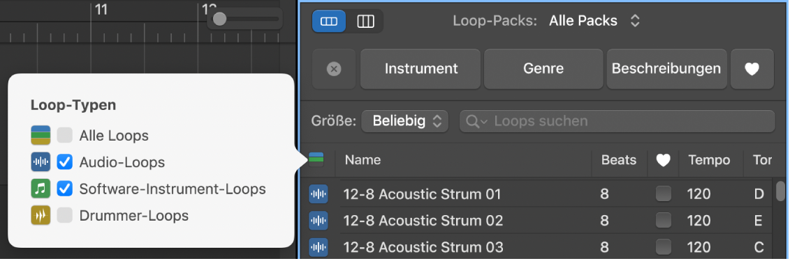 Die Taste „Loop-Typen“ zum Filtern von Loop-Typen verwenden