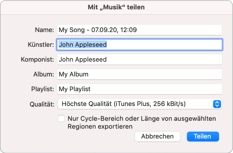 Dialogfenster zum Teilen für Musik