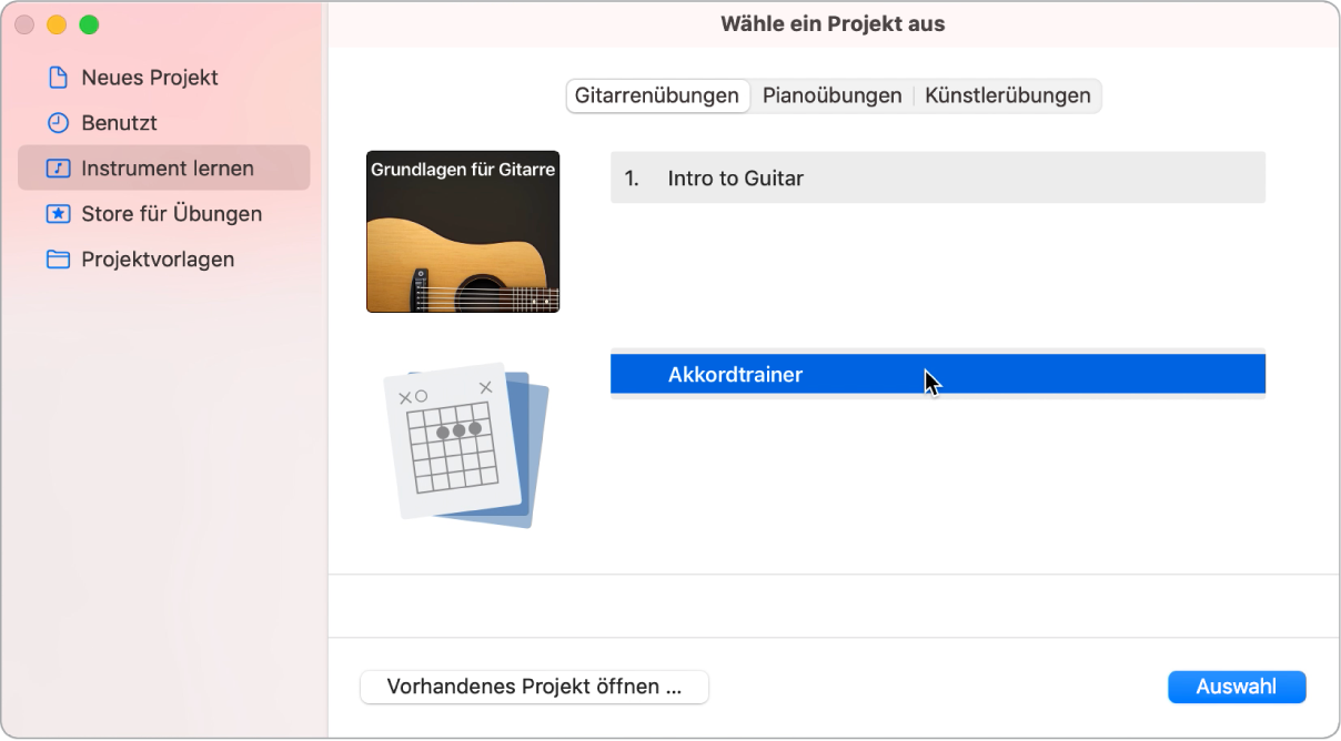 Projektauswahl mit der Auswahl „Akkordtrainer“