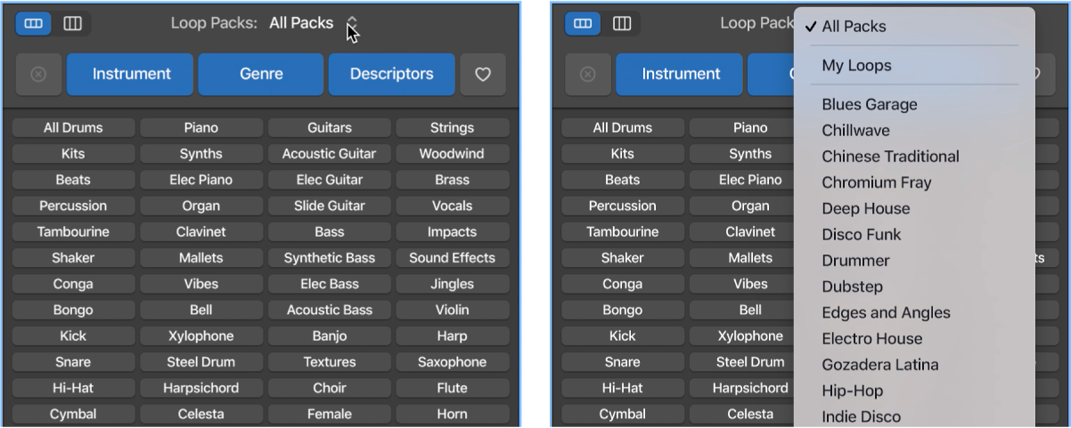 Showing the open Loops pop-up menu.