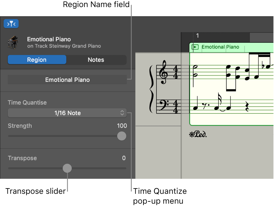 Score Editor inspector in Region mode, showing controls.