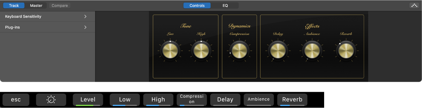 Figure. Software instrument track Smart Controls and dynamic Smart Controls screen shortcuts.