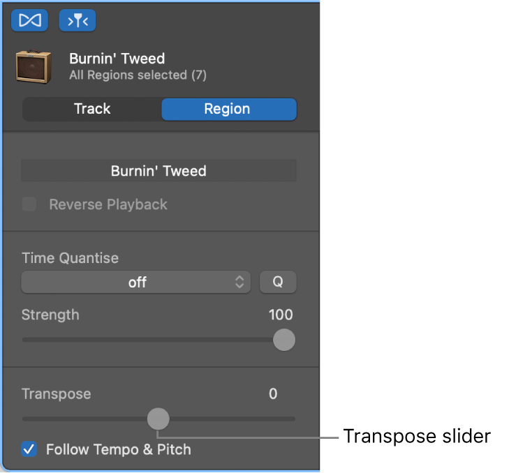 Audio Editor inspector in Region mode, showing Transpose slider.