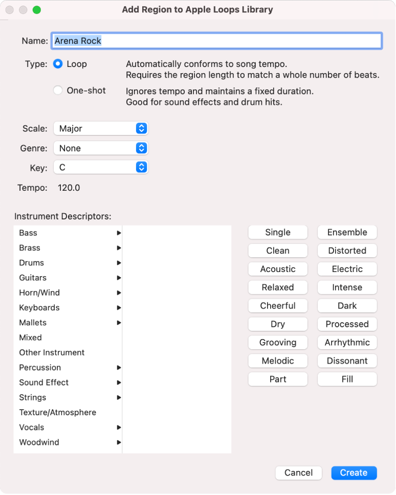 Add Region to Apple Loops Library dialog.