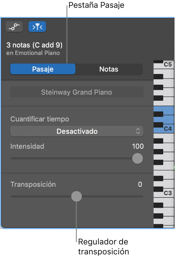 Inspector del editor de teclado, con el botón Pasaje y el regulador Transponer.