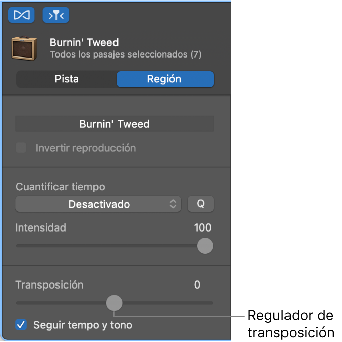 Inspector del editor de audio en modo Pasaje, con el regulador Transponer.