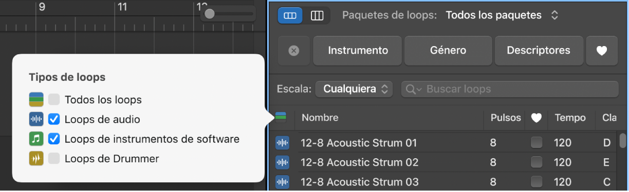 Uso del botón Tipos de bucle para filtrar los tipos de bucle.