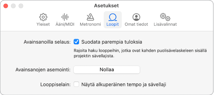 Loopit-asetusosio.