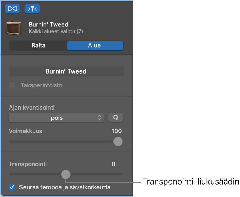 Äänieditorin inspektori Alue-tilassa, jossa näkyy Transponointi-liukusäädin.