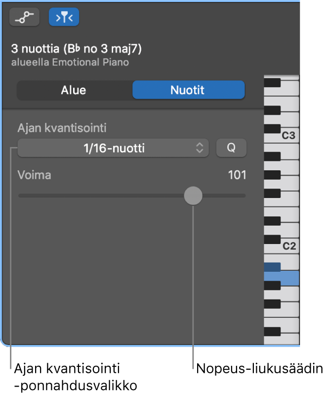 Pianorullaeditori-inspektori Nuotit-tilassa, jossa näkyvät säätimet.