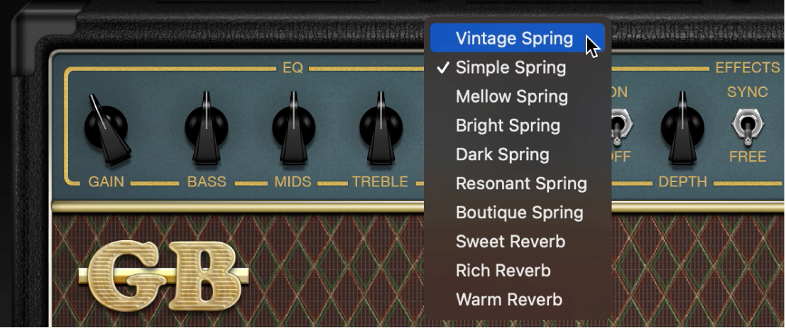 Menu Reverb et commandes Tremolo et Vibrato dans Amp Designer.